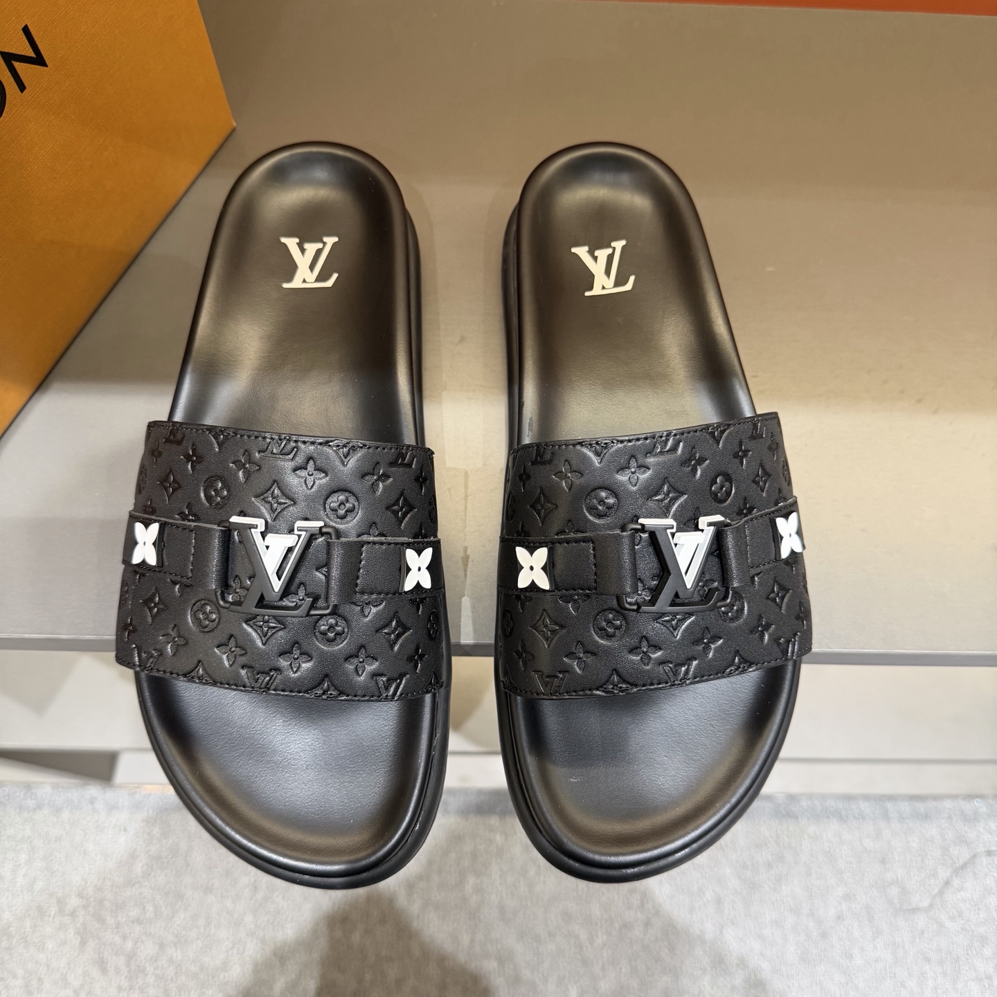 LV Black Monogram Slide Sandals