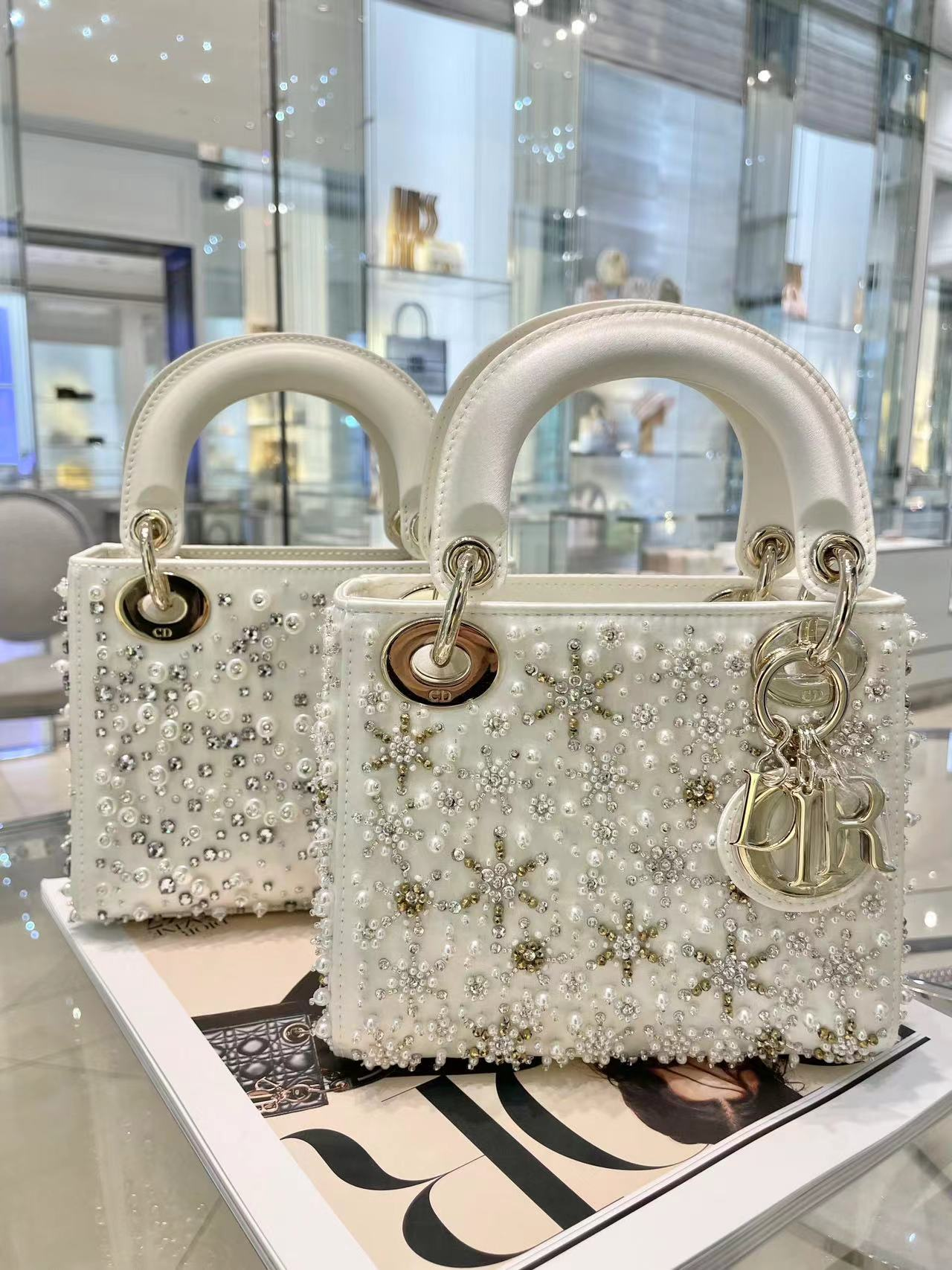 White Pearl and Crystal Embellished Top-Handle Handbag