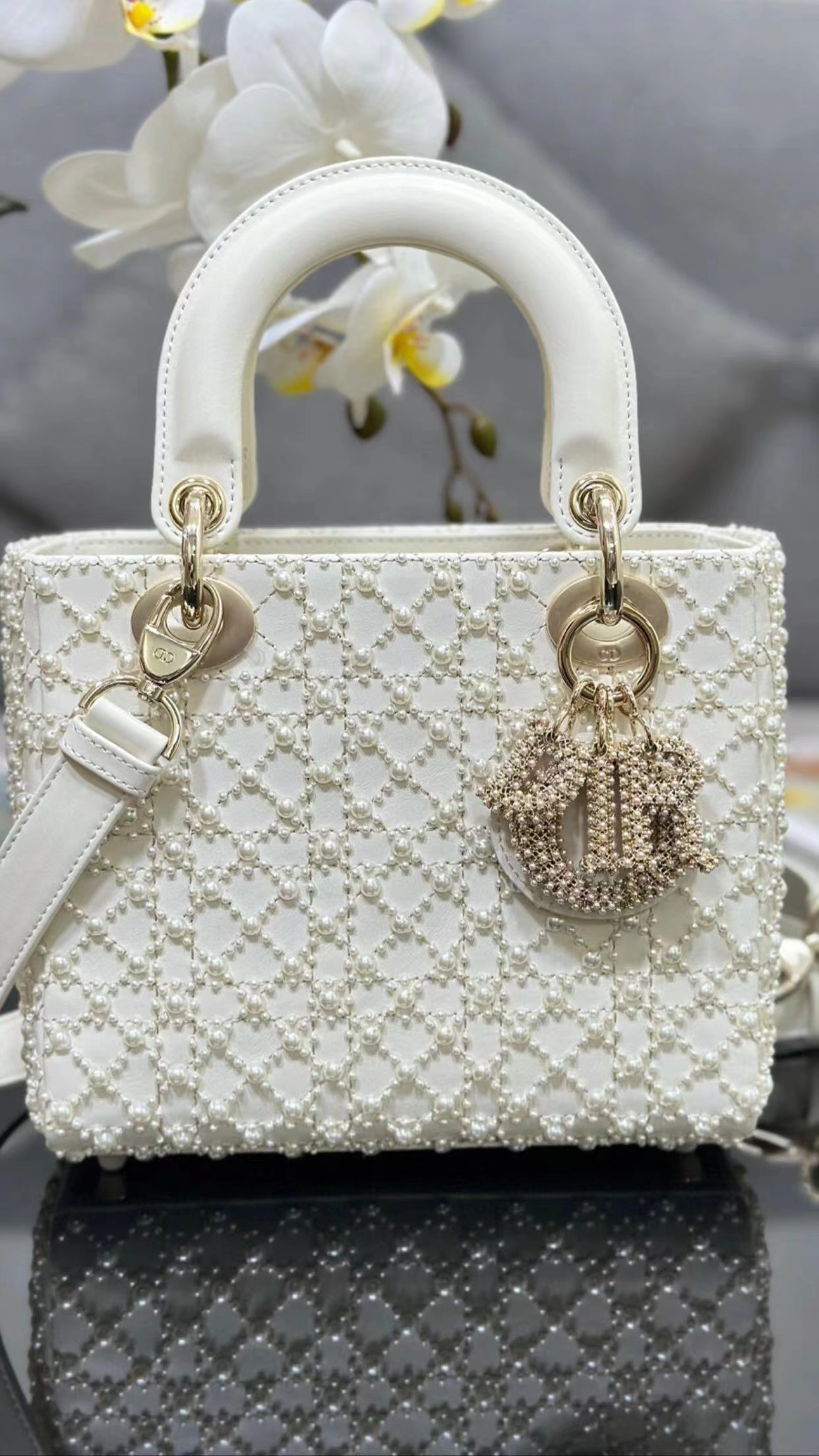 CD Pearl-Embellished Mini Top-Handle Bag