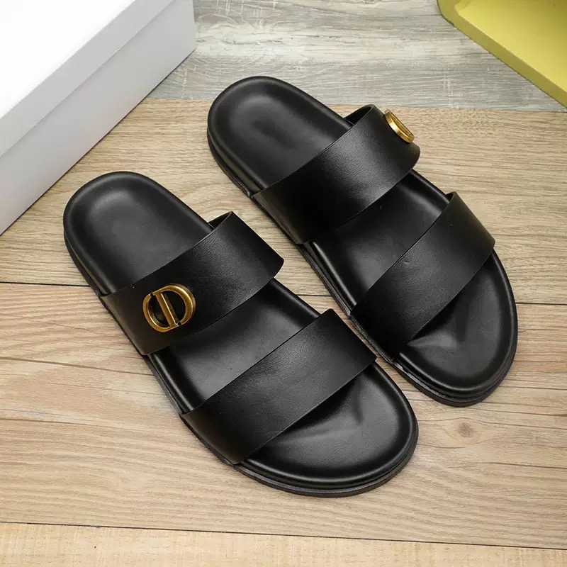 Black Double-Strap Slide Sandals with Gold Emblem