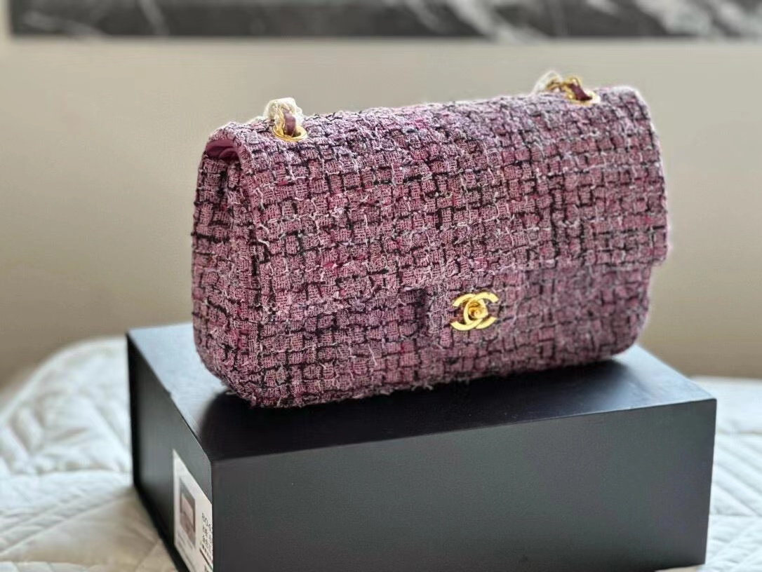 Purple Textured Tweed Flap Shoulder Bag