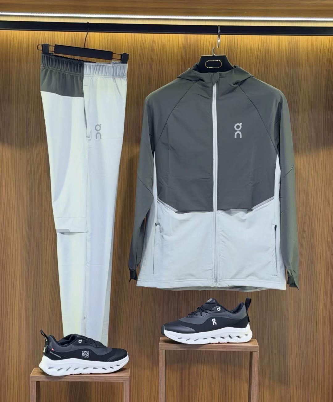 On Gray and White Hooded Tracksuit and Running Shoes Set