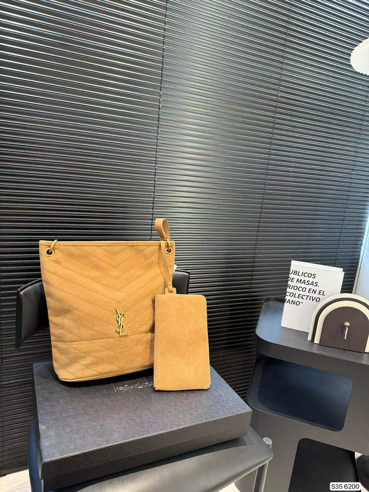 Saint Laurent Tan Chevron Bucket Bag