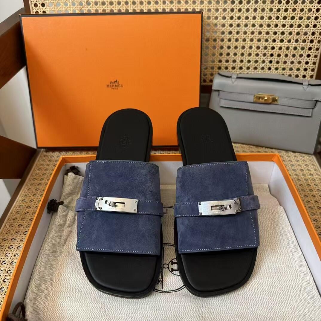 Hermès Blue Suede Slide Sandals