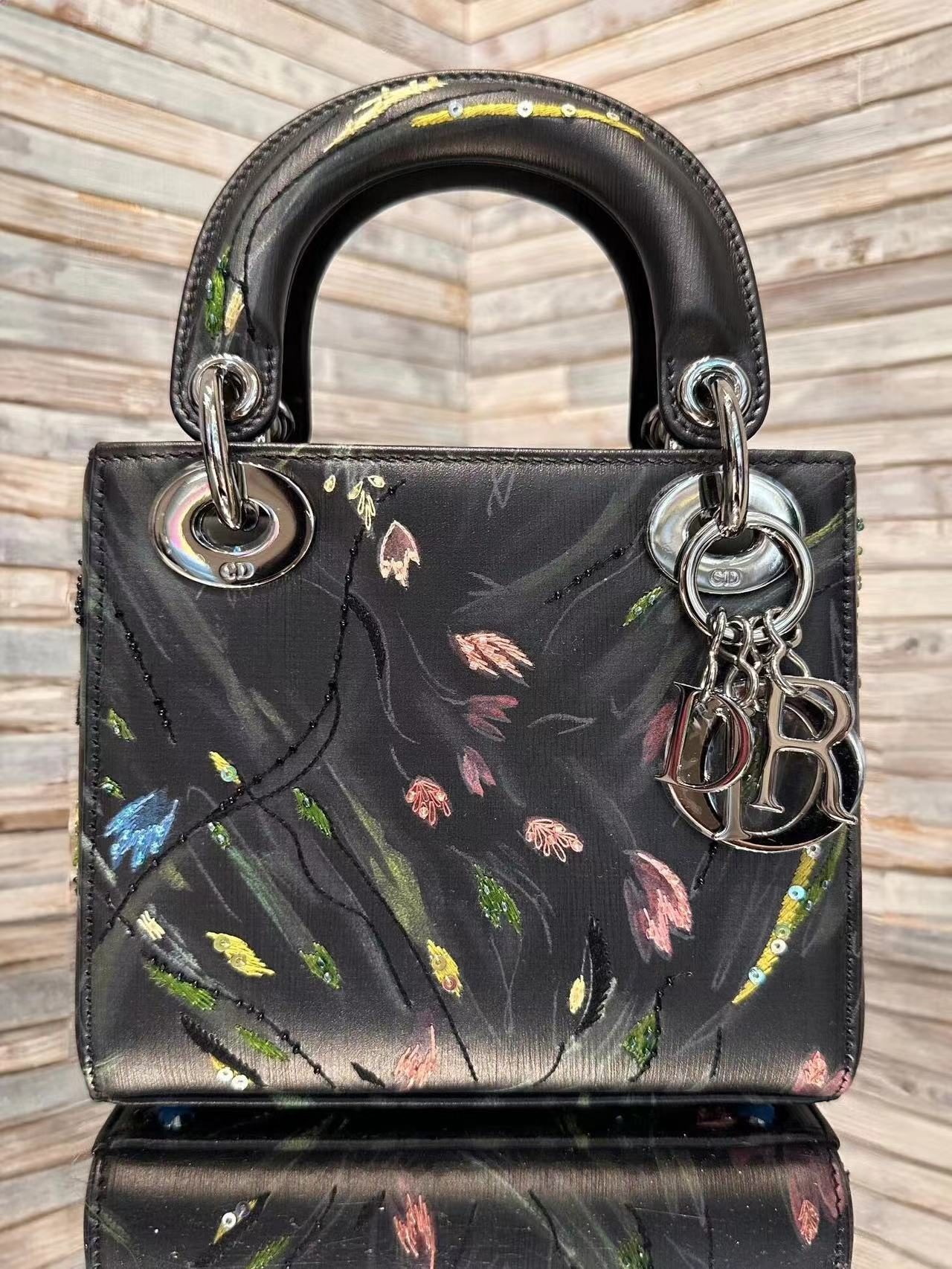 Black Painted Floral Top-Handle Handbag