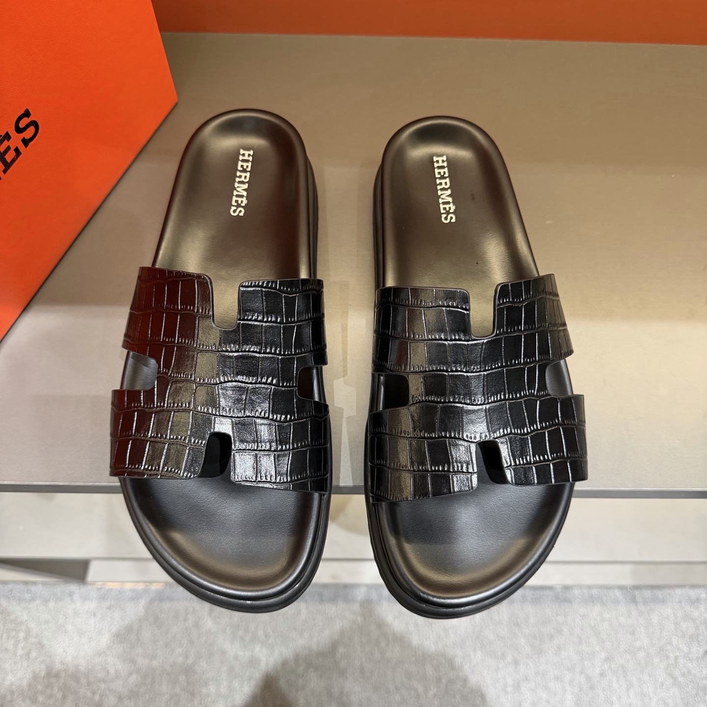 Hermès Black Crocodile-Embossed H Slide Sandals
