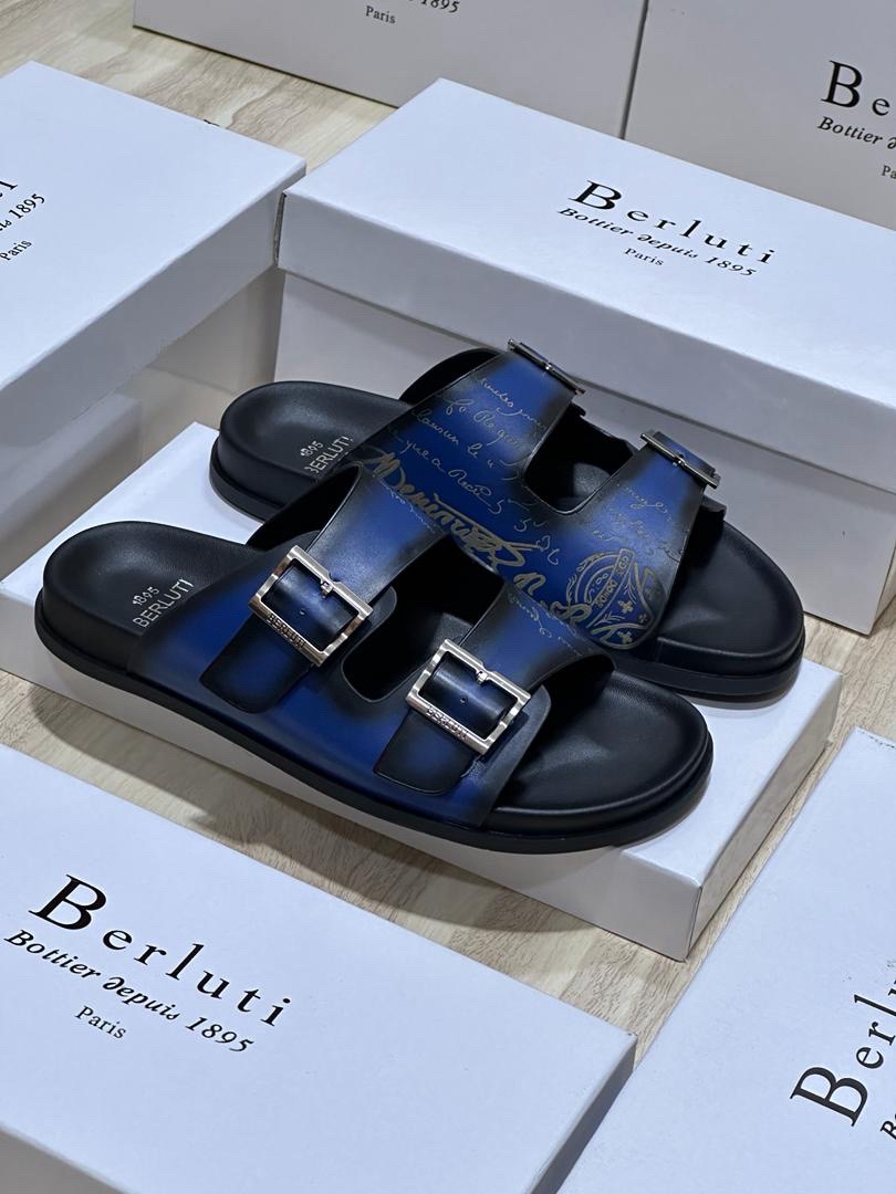 Berluti Blue Double-Buckle Slide Sandals
