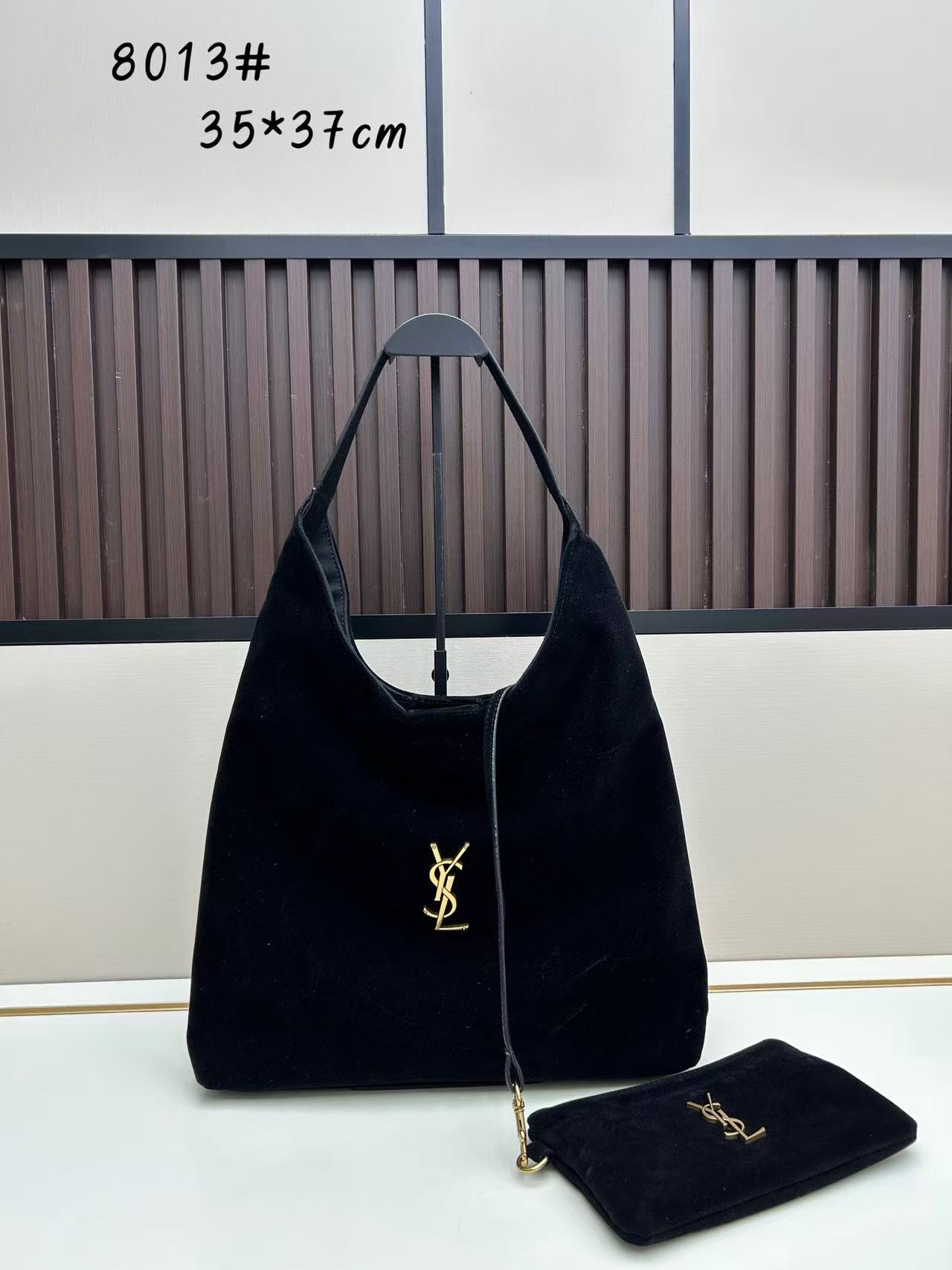 8013 Black Suede-Style Hobo Bag with Pouch