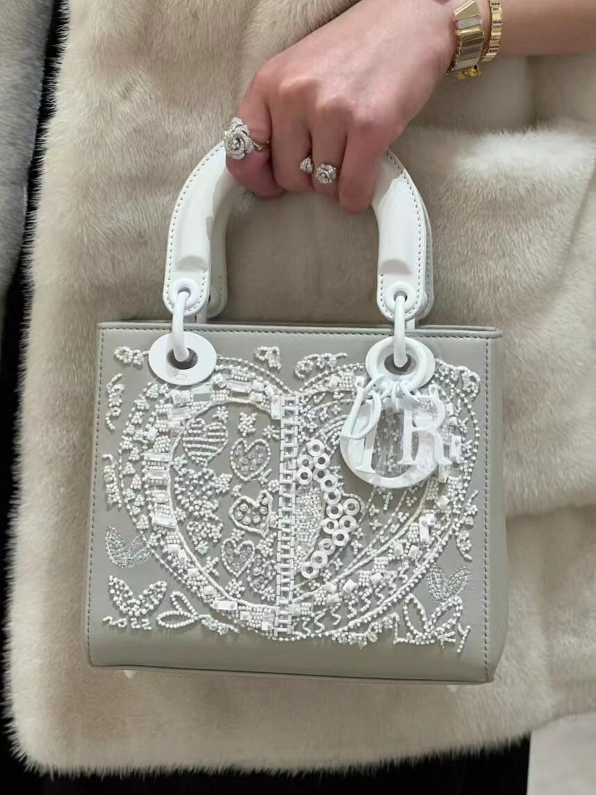 Gray Crystal Heart Top-Handle Bag