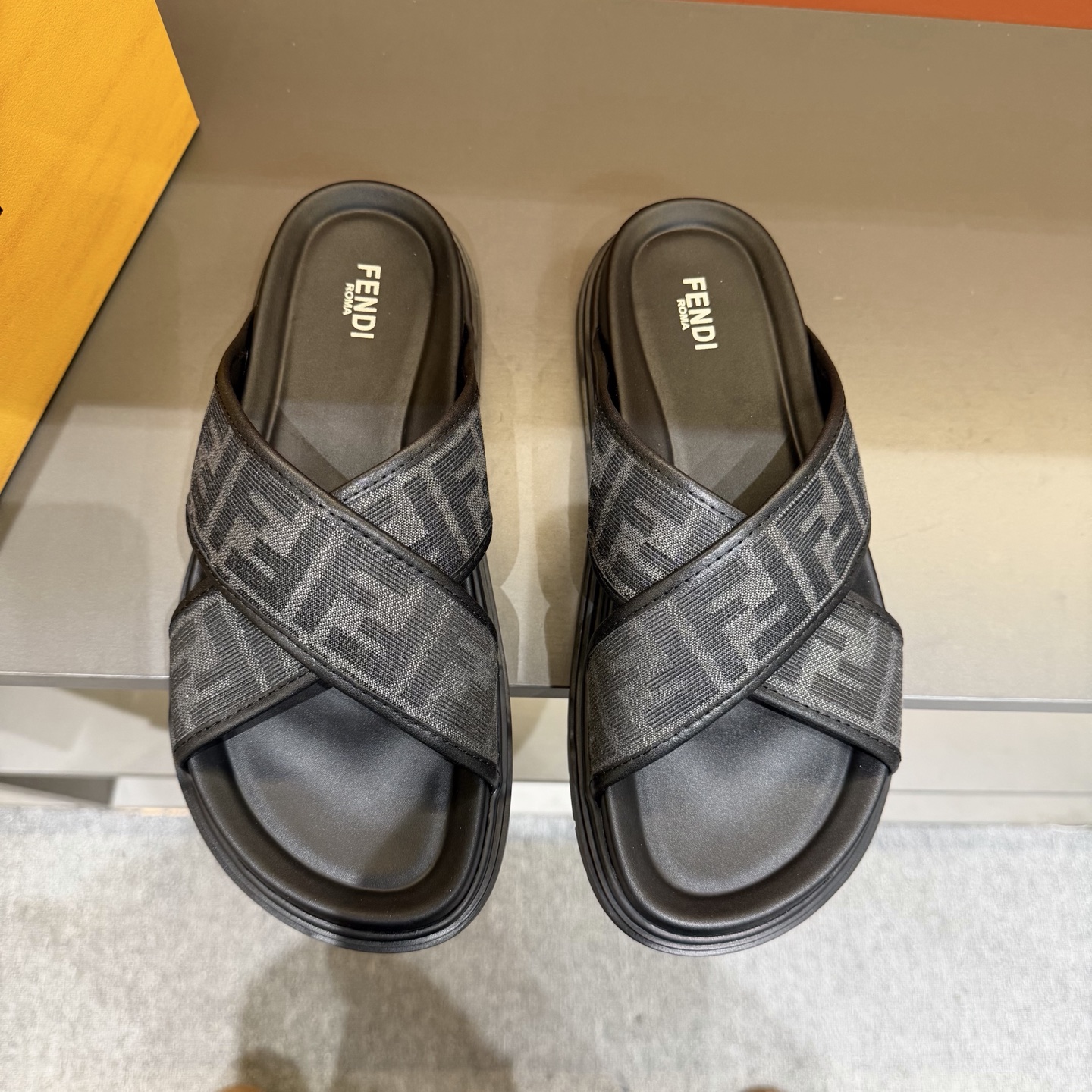 FENDI Gray Monogram Cross-Strap Slide Sandals