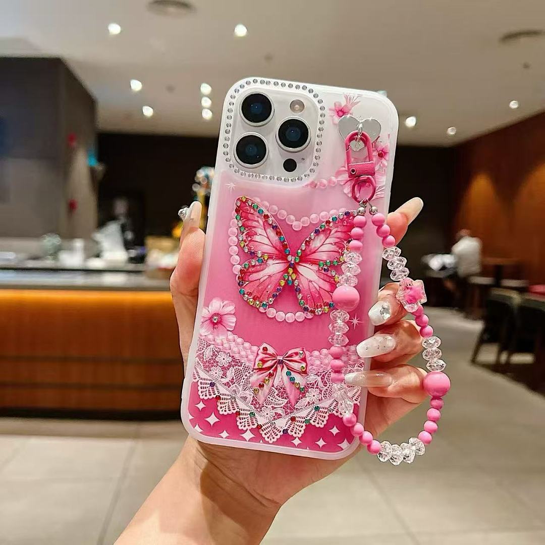 Pink Butterfly Beaded Phone Case