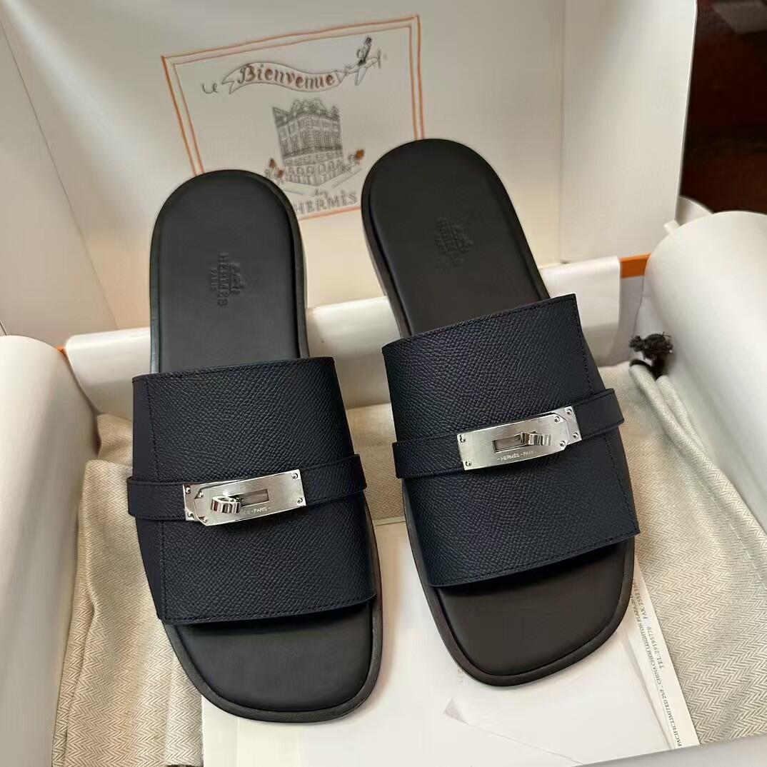 Hermès Black Textured Leather Slide Sandals