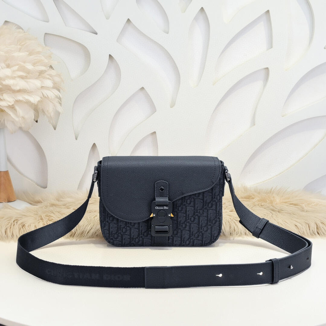 Christian Dior Black Tonal Oblique Saddle-Flap Crossbody Bag
