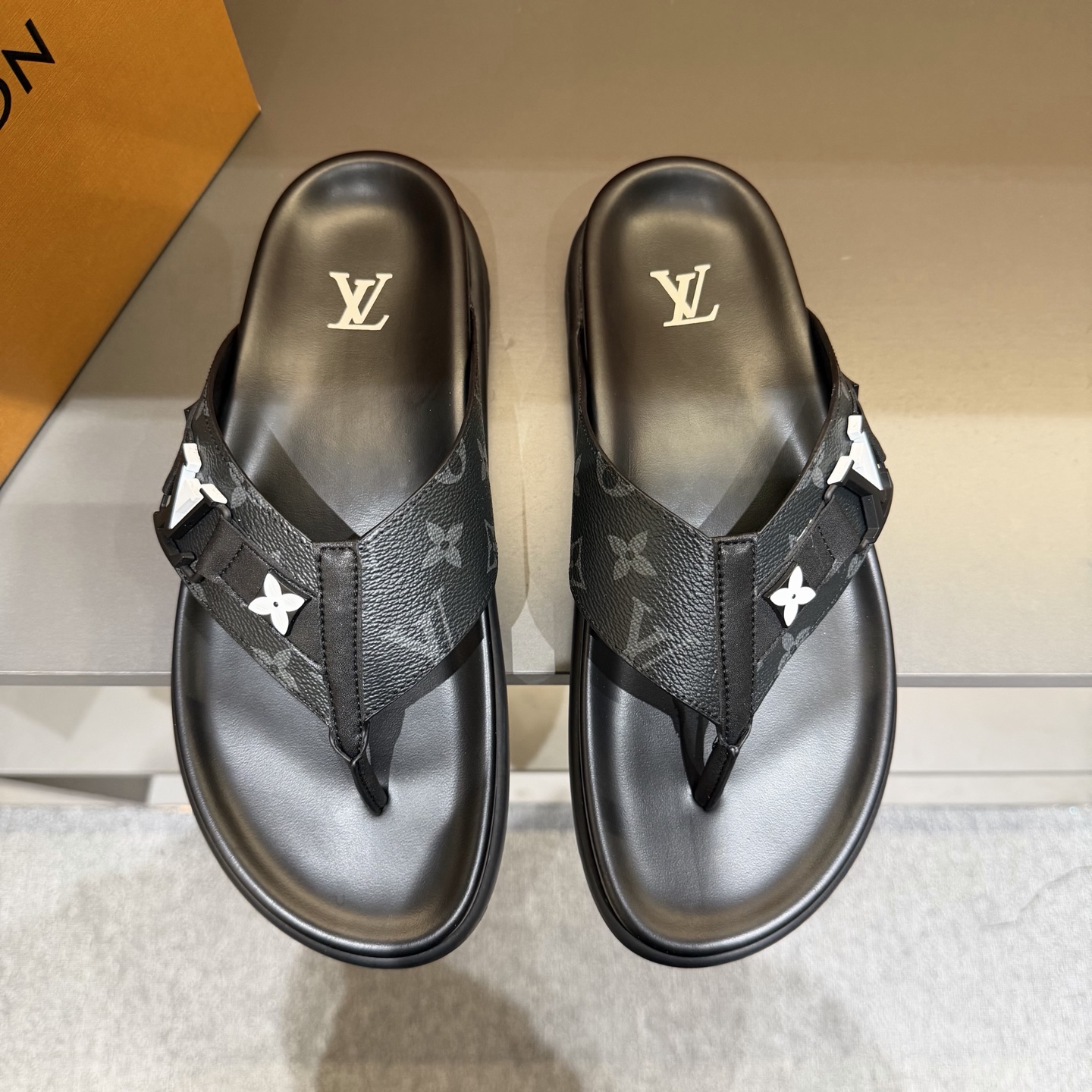 LV Black and Gray Monogram Thong Sandals