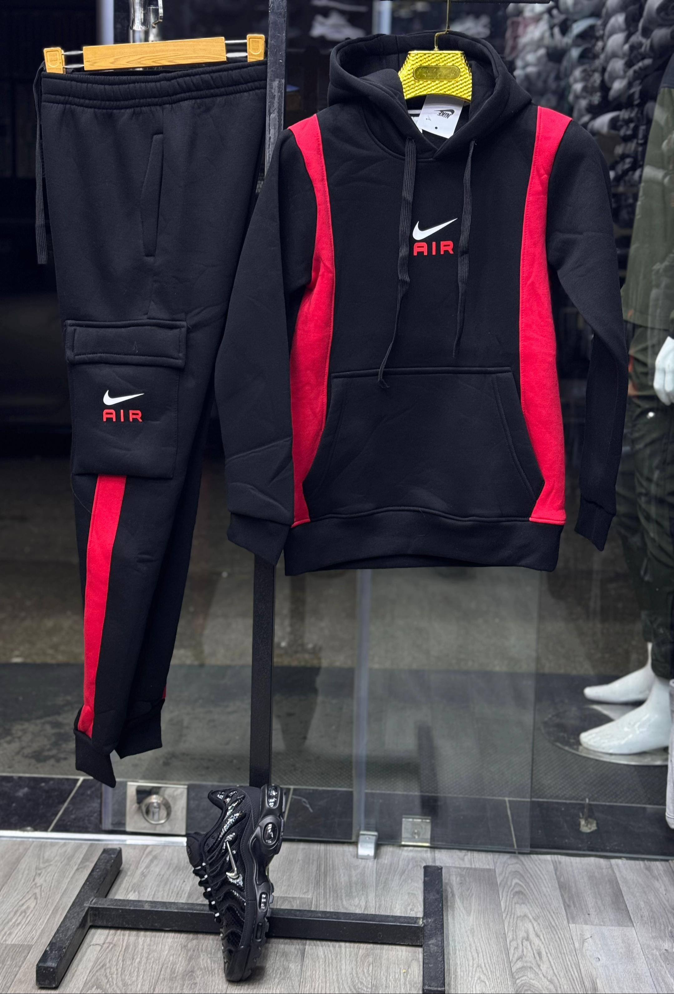 AIR Black and Red Color-Block Cargo Hoodie Tracksuit
