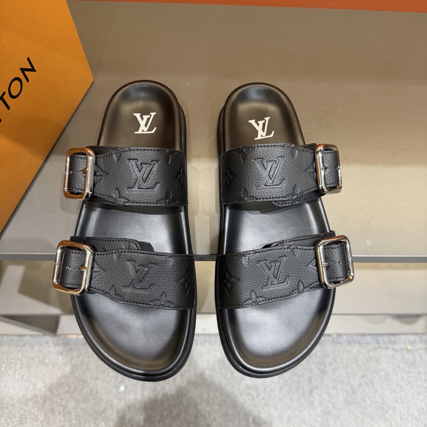 LV Black Embossed Monogram Double-Buckle Slide Sandals