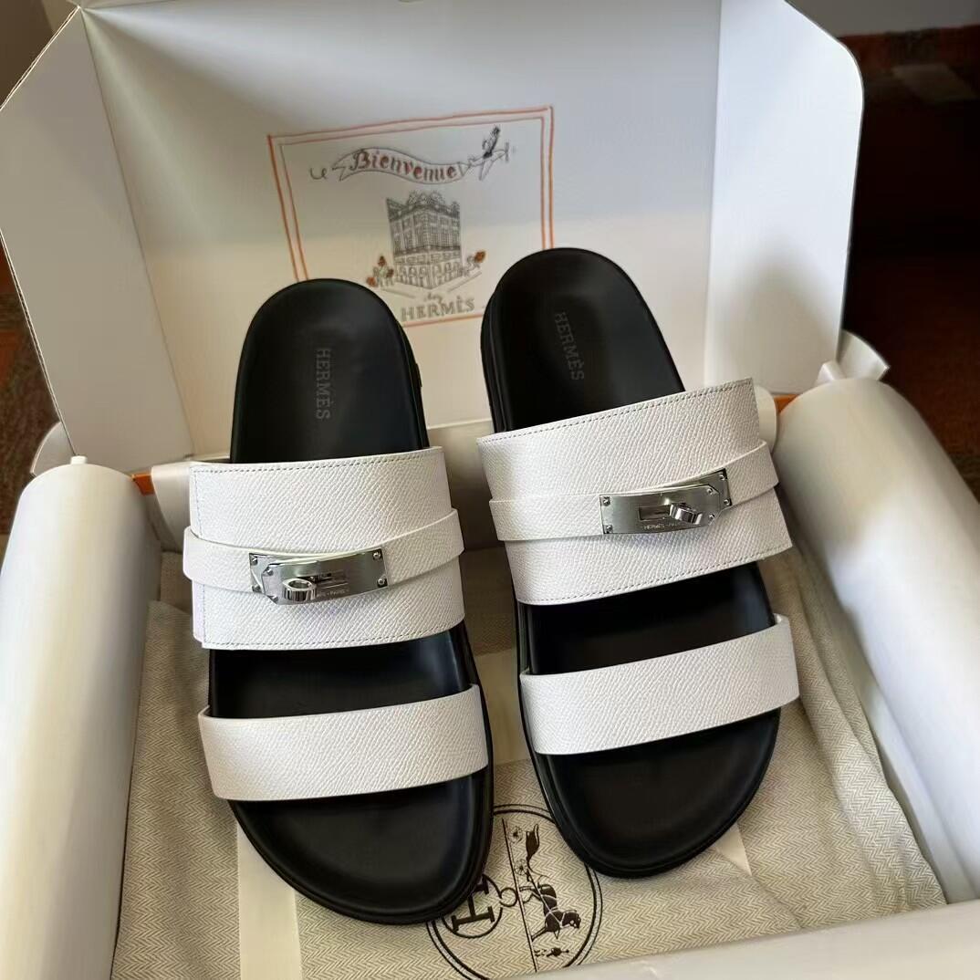 Hermès Men's Textured Triple-Strap Buckle Slide Sandals