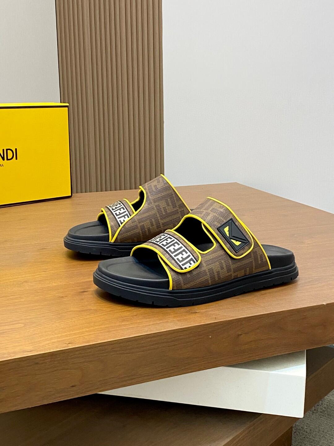FENDI Brown and Yellow Two-Strap Slide Sandals