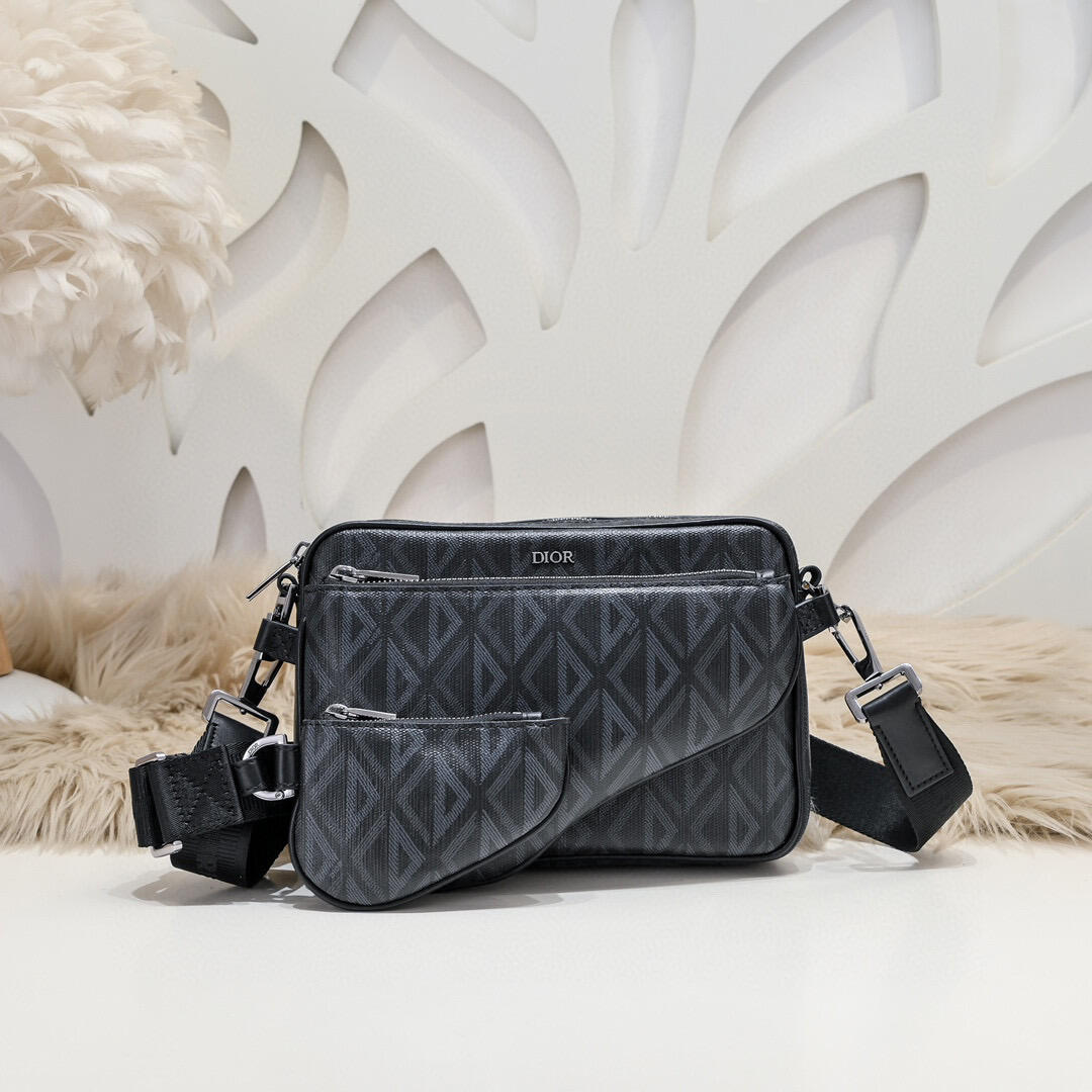 DIOR Black Geometric Camera Crossbody Bag with Pouch
