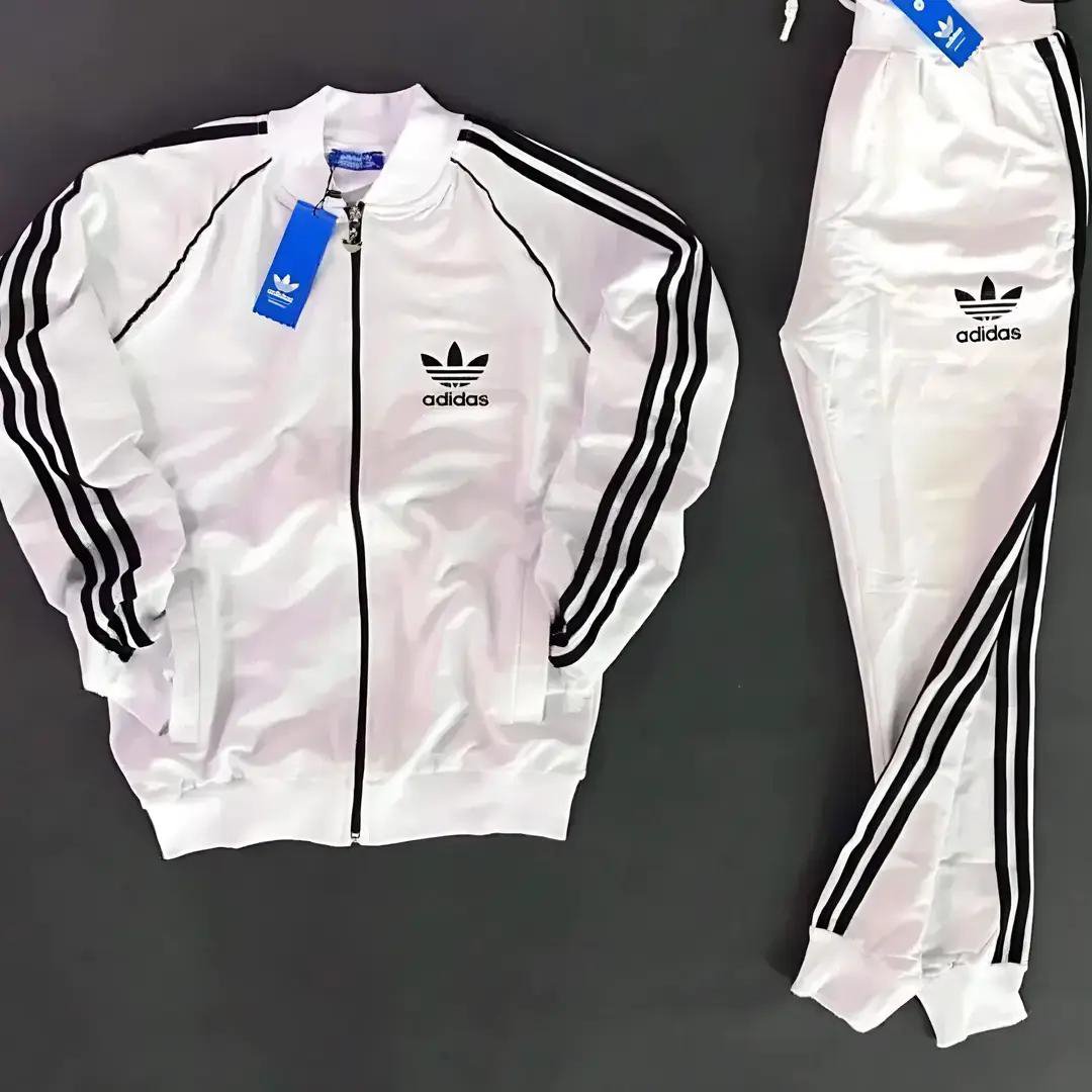 adidas White and Black Three-Stripe Tracksuit