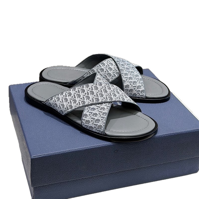 Light Gray Monogram Cross-Strap Slide Sandals