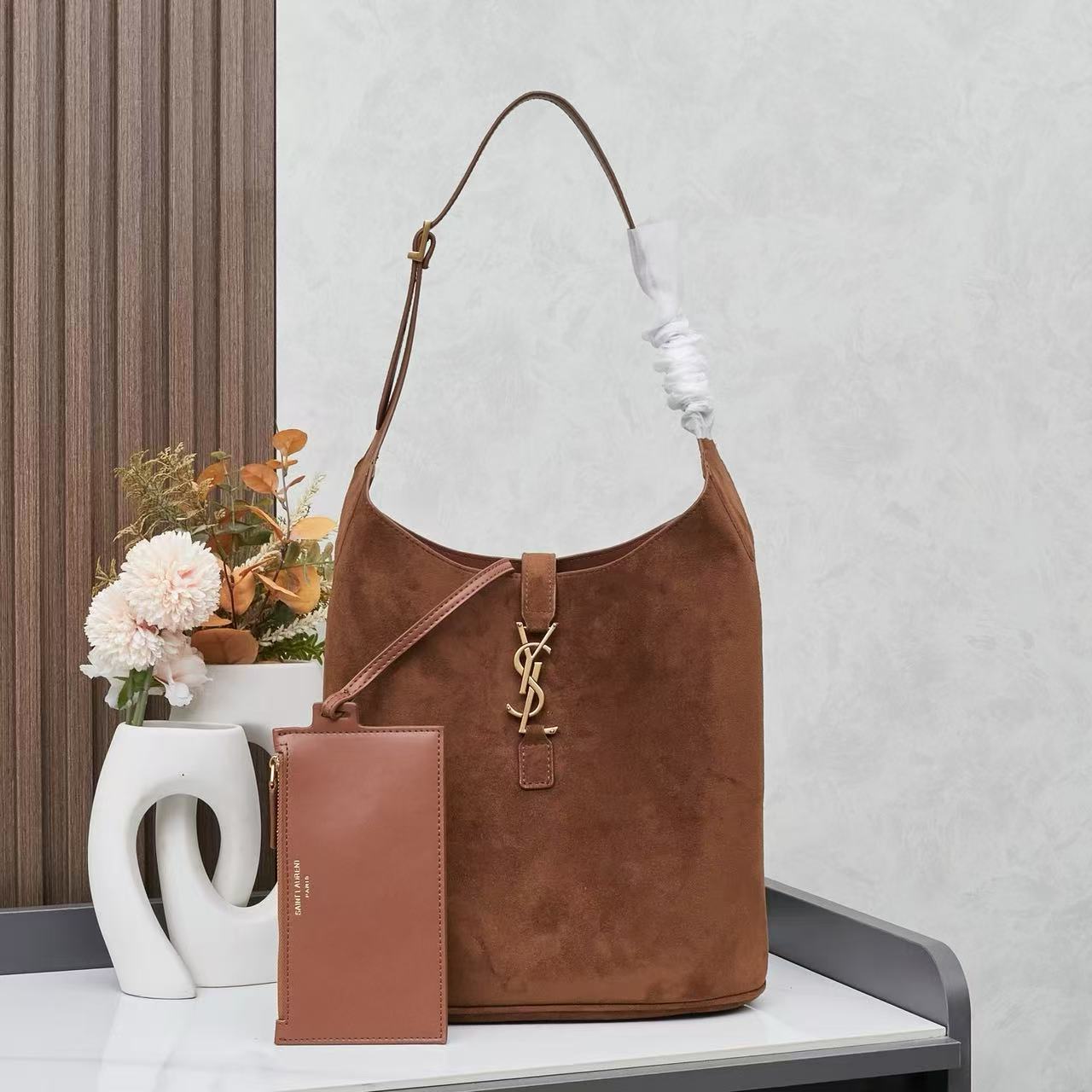 Saint Laurent YSL Suede-Look Hobo Bag with Pouch