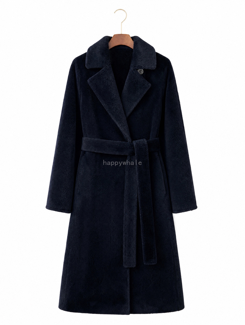 Navy Plush Belted Long Coat