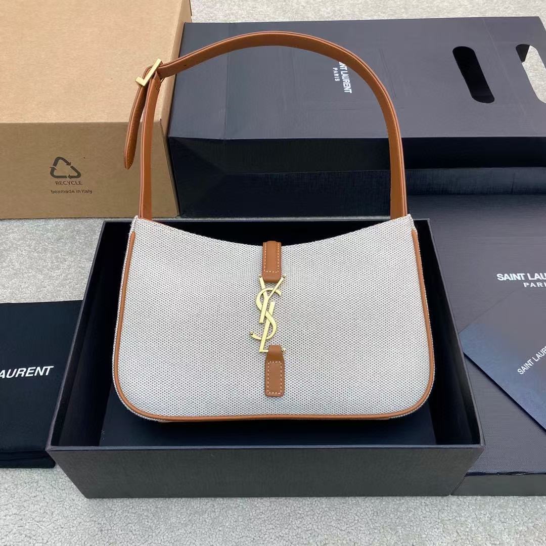 Saint Laurent White Canvas and Brown Trim Shoulder Bag