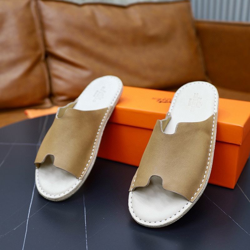 Tan Leather Flat Slide Sandals