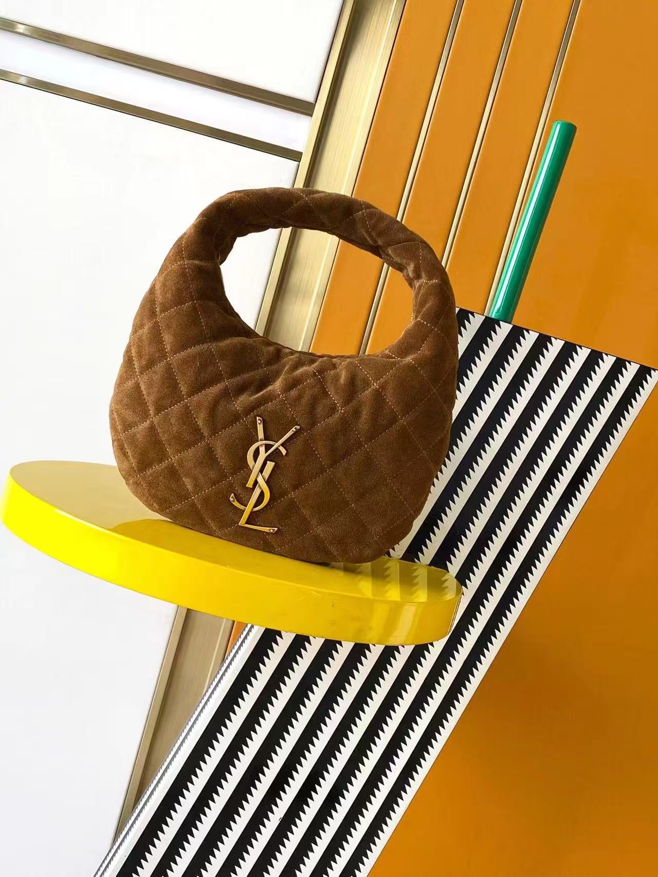YSL Small Brown Quilted Suede-Texture Hobo Bag