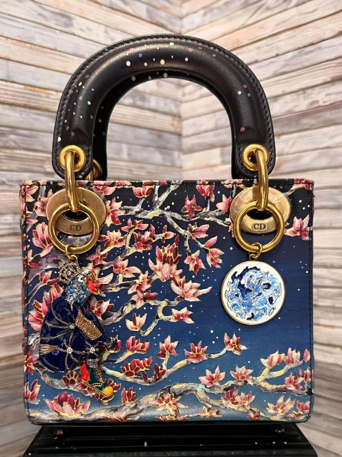 Navy Floral Illustrated Top-Handle Handbag