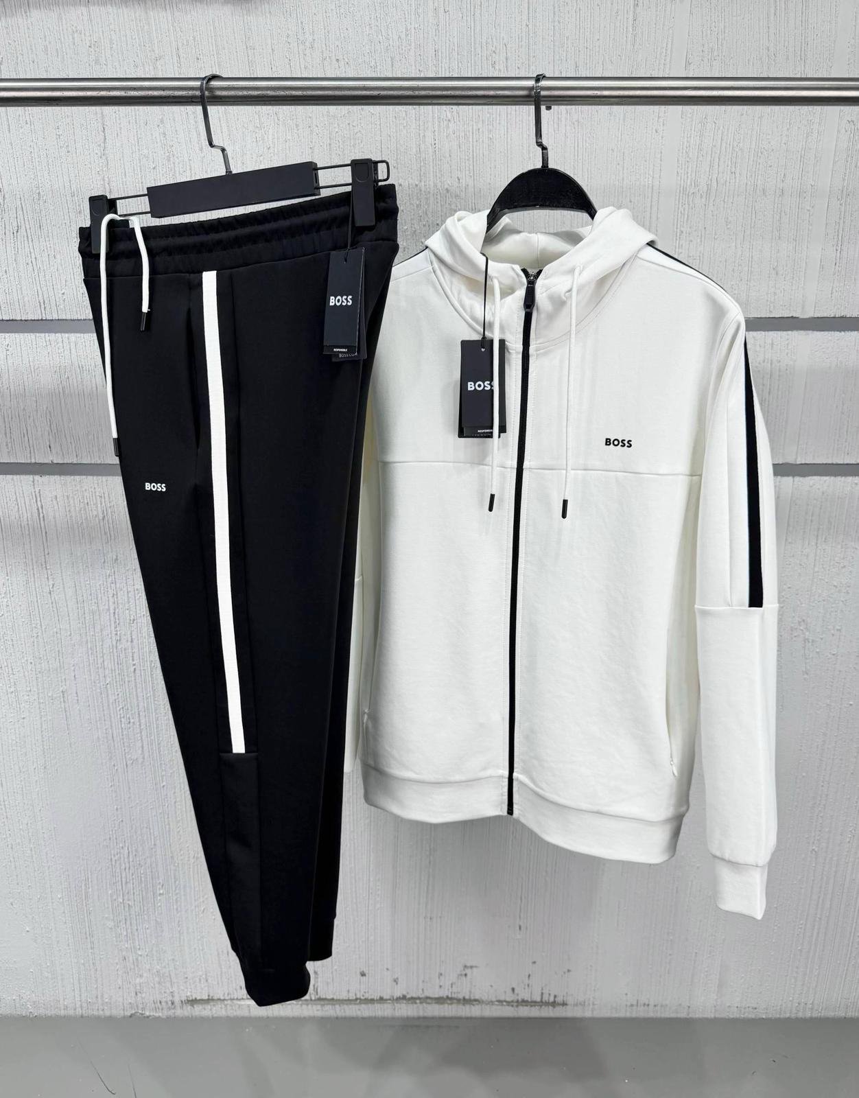 BOSS White and Black Full-Zip Hooded Tracksuit