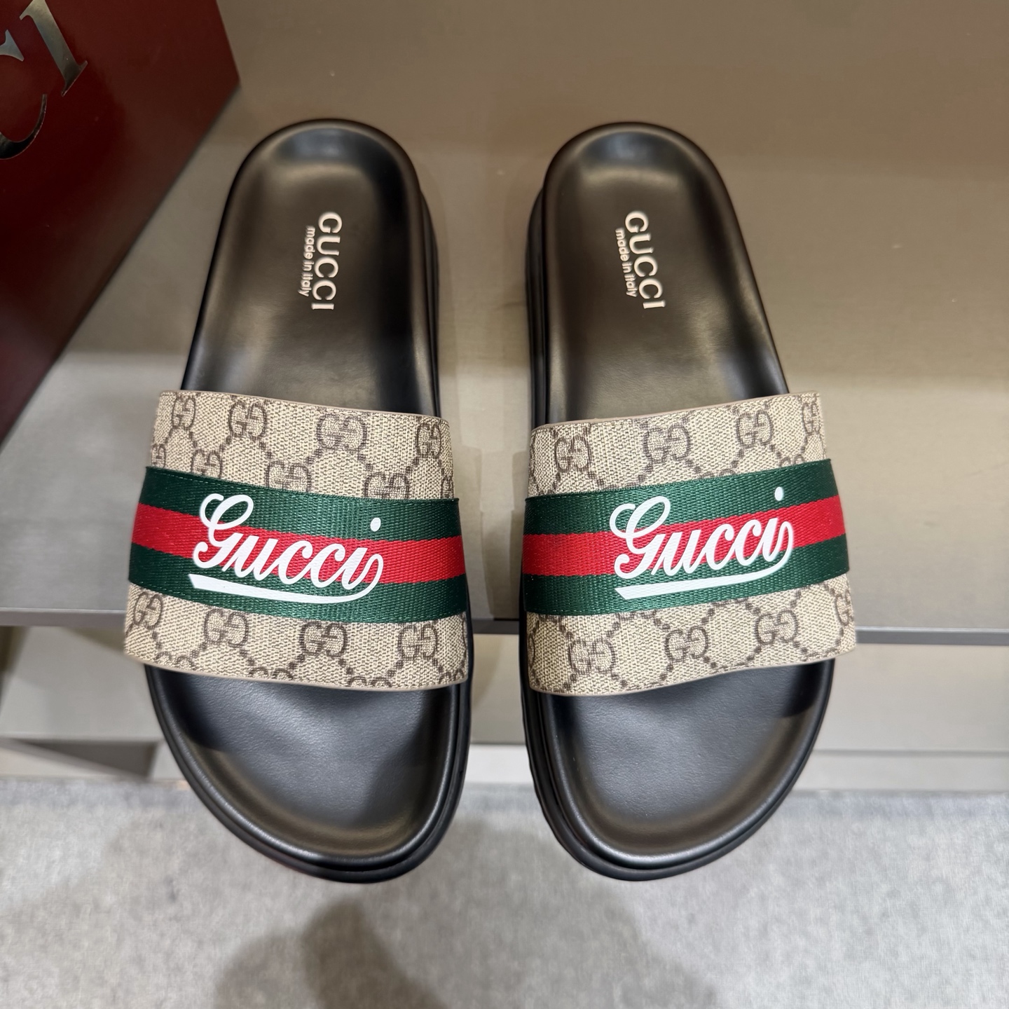Gucci Beige Monogram Web Stripe Logo Slide Sandals