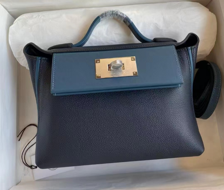 Navy Blue Grained Top-Handle Handbag