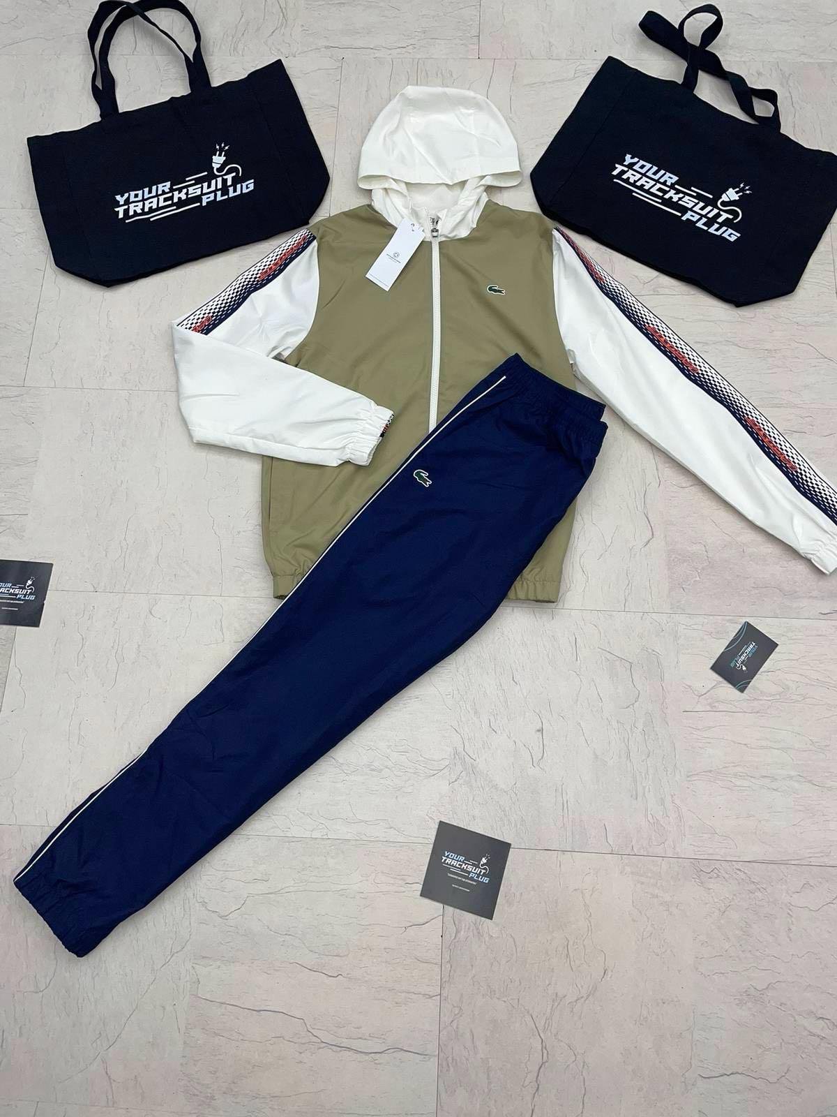 Lacoste Khaki and White Hooded Tracksuit