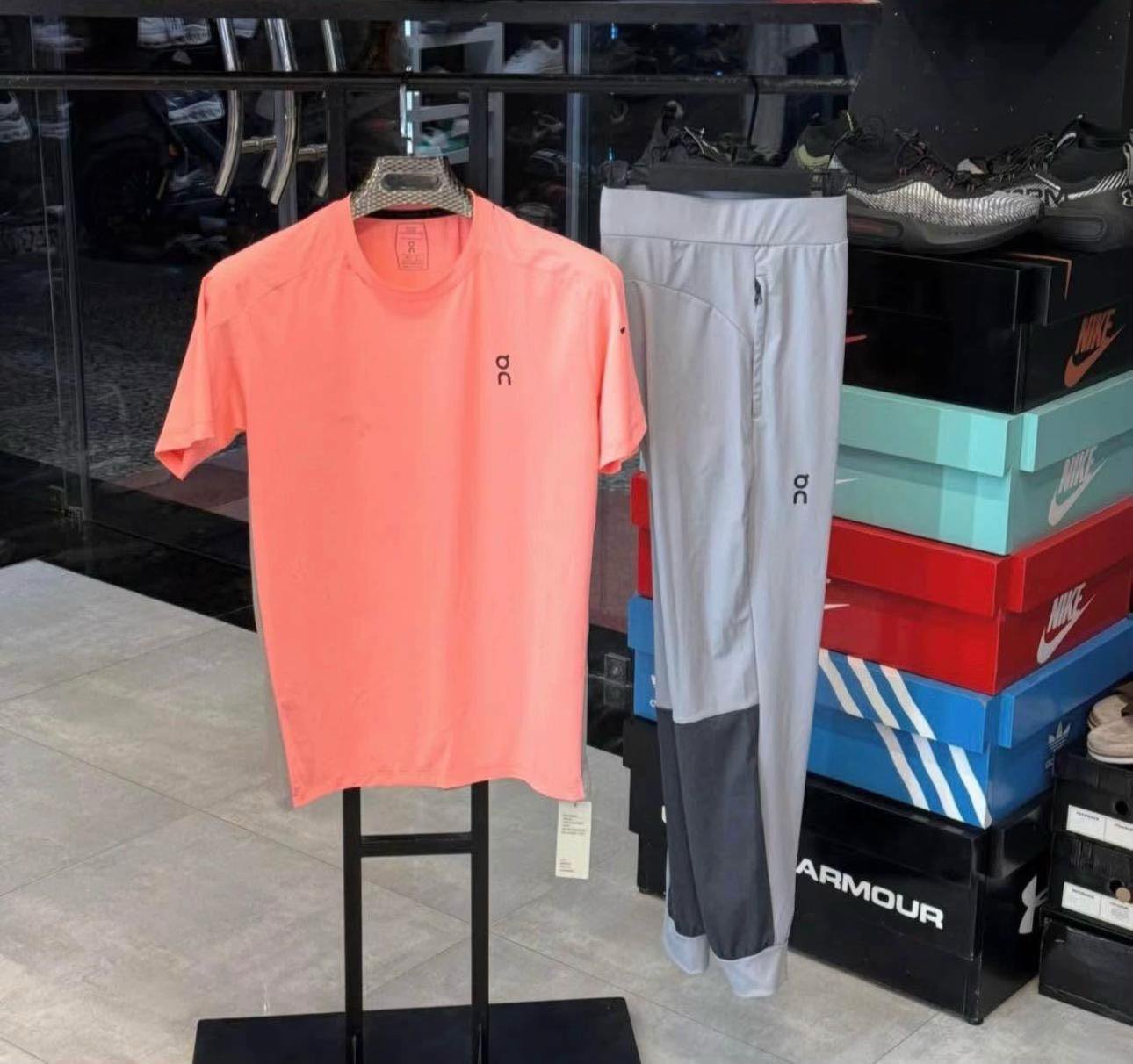 On Running Coral T-Shirt and Light Gray Jogger Set