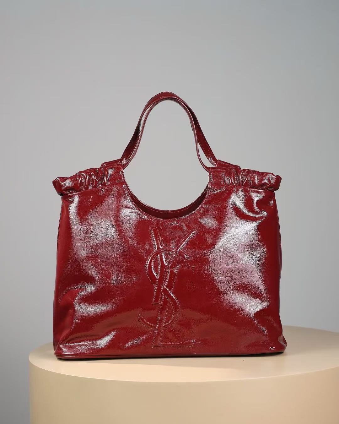 YSL-Style Ruched Tote Bag - Red