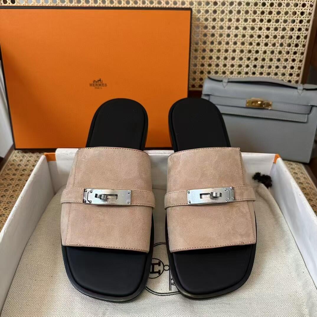 Hermès Kelly Buckle Suede Slide Sandals