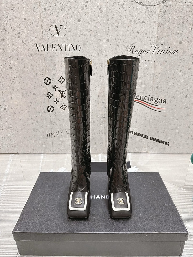 Black Croc-Embossed Knee-High Boots