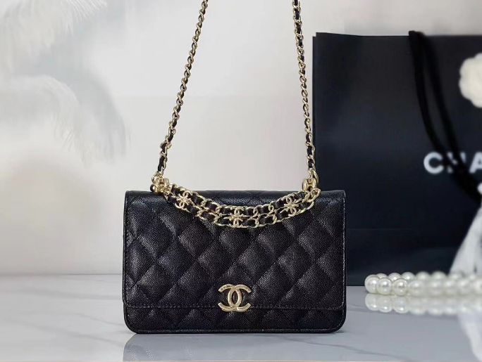 Black Textured Quilted Chain Wallet Bag