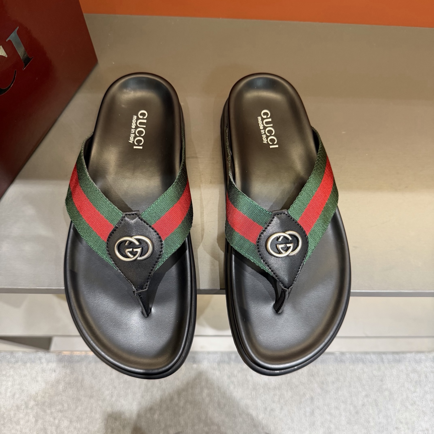 GUCCI Web Stripe Double G Thong Sandals