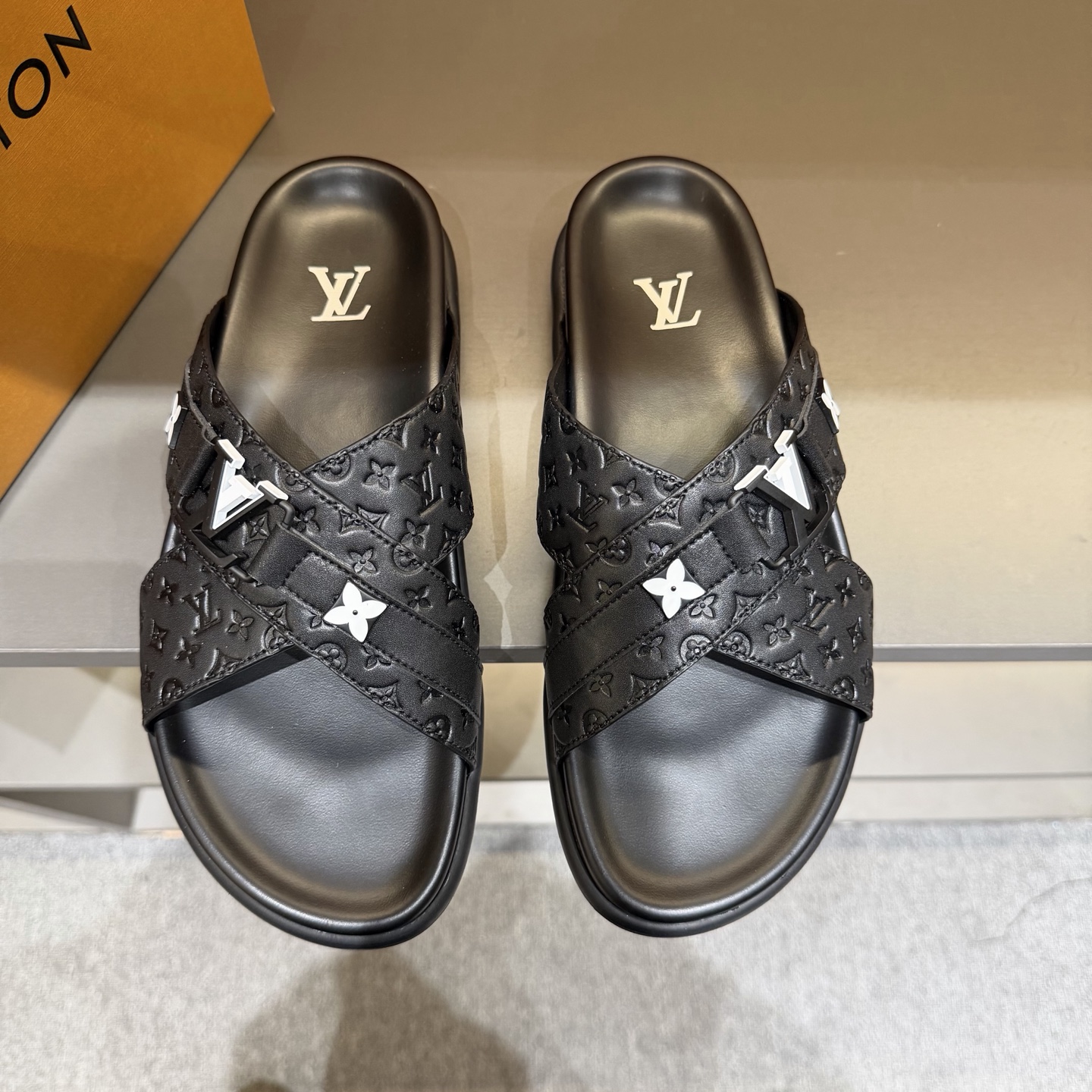LV Black Monogram Cross-Strap Slide Sandals