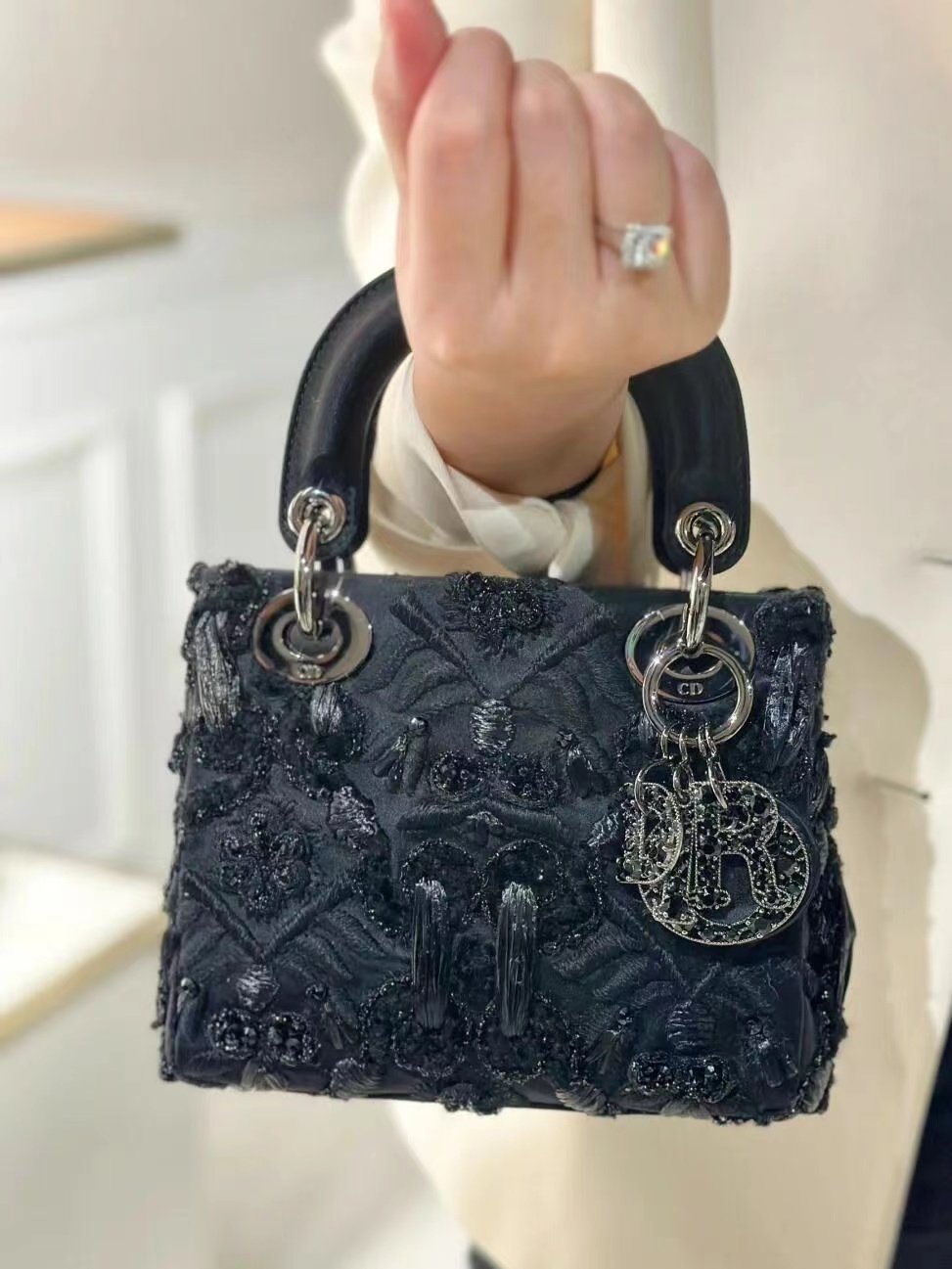 Black Textured Mini Top-Handle Handbag
