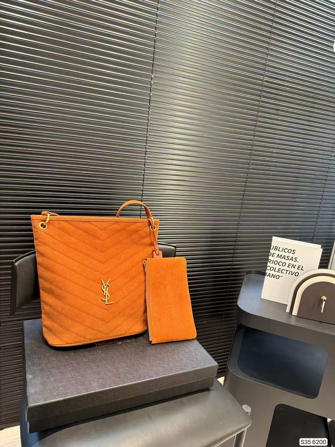 YSL Chevron Suede Tote Bag with Pouch