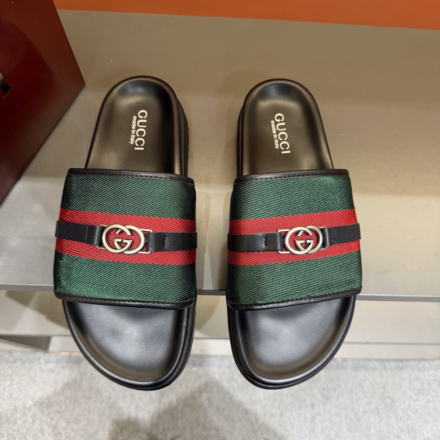 GUCCI Web Stripe Double G Slide Sandals
