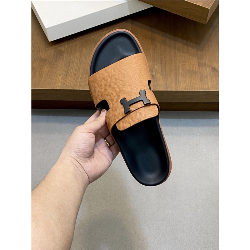 Tan H-Buckle Slide Sandals