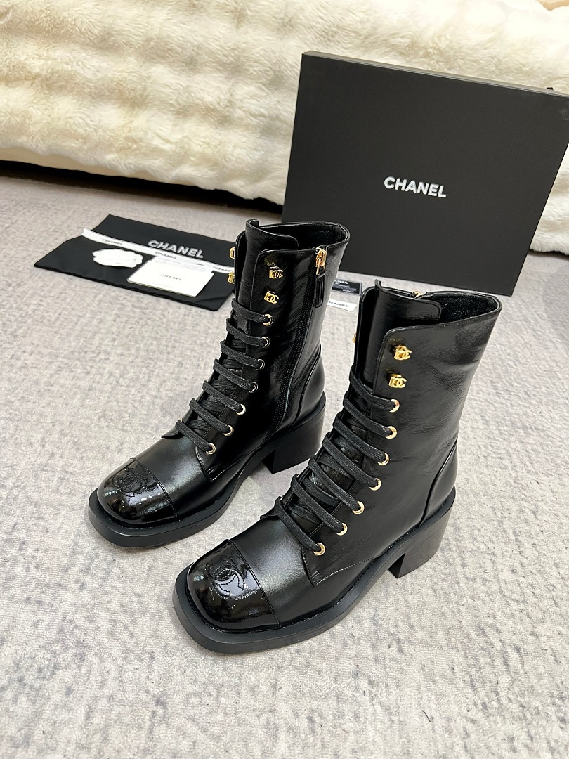 Chanel Black Leather Lace-Up Boots