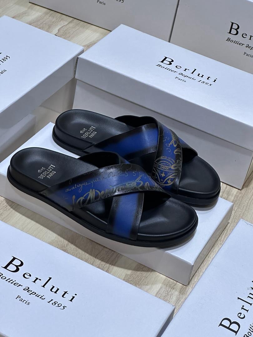 Berluti Blue Graphic Cross-Strap Slide Sandals