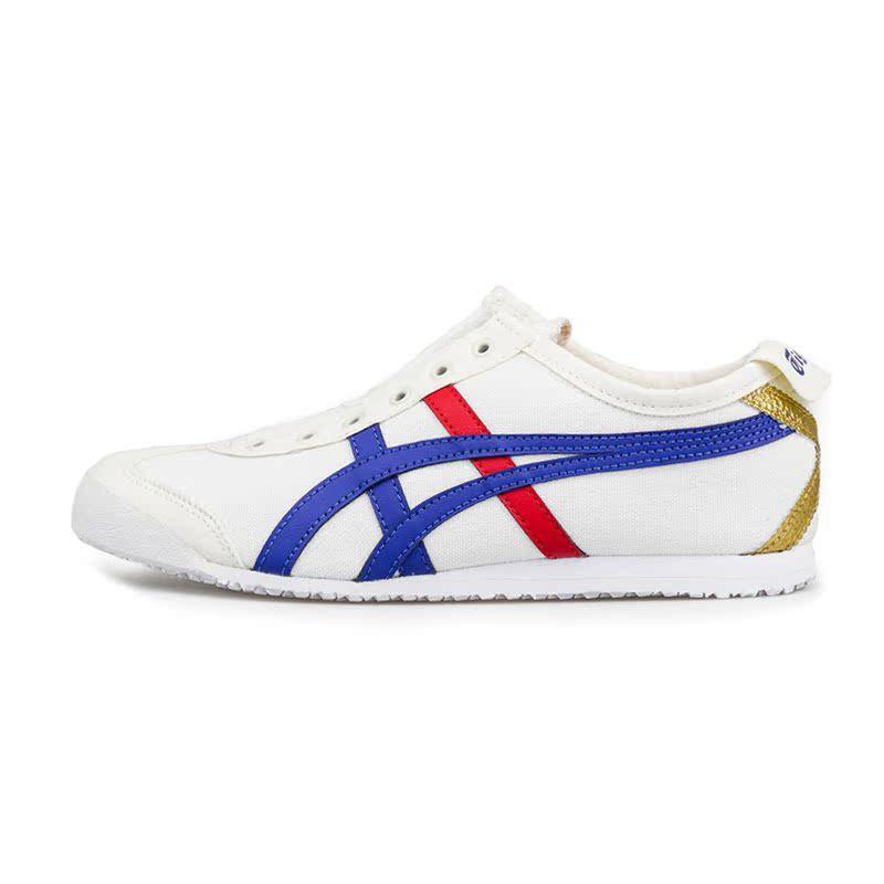 White Low-Top Casual Sneaker with Blue and Red Stripes