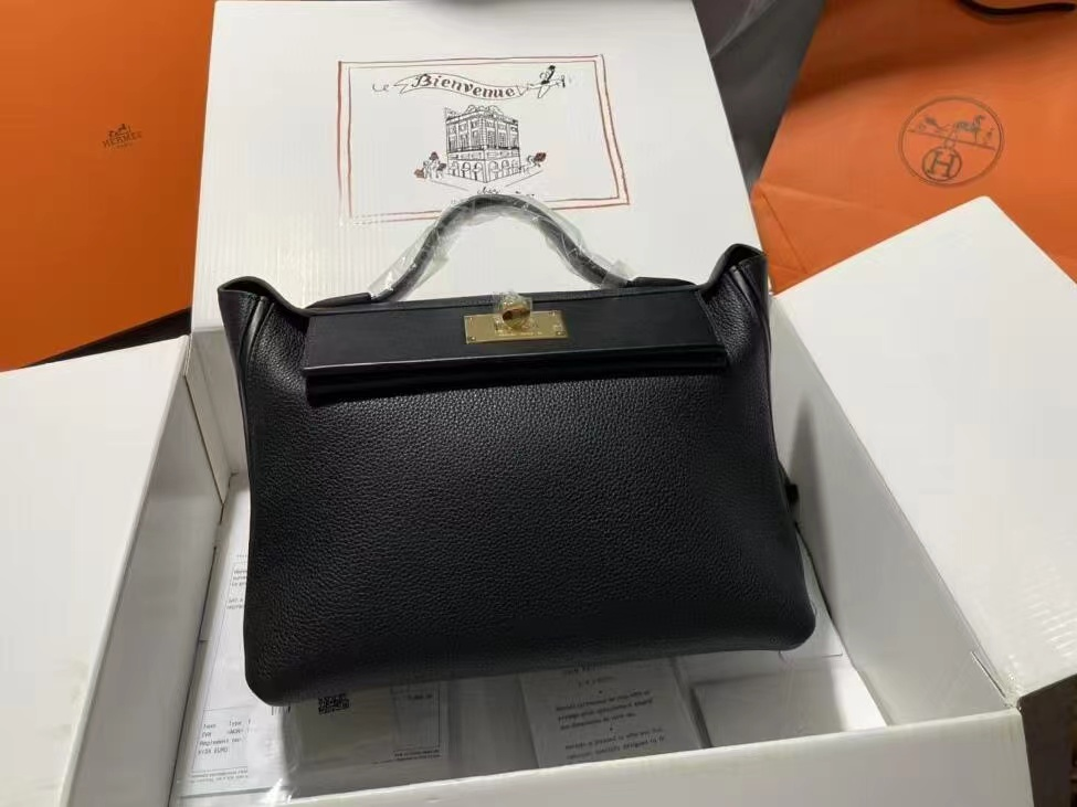 Black Grained Top-Handle Handbag